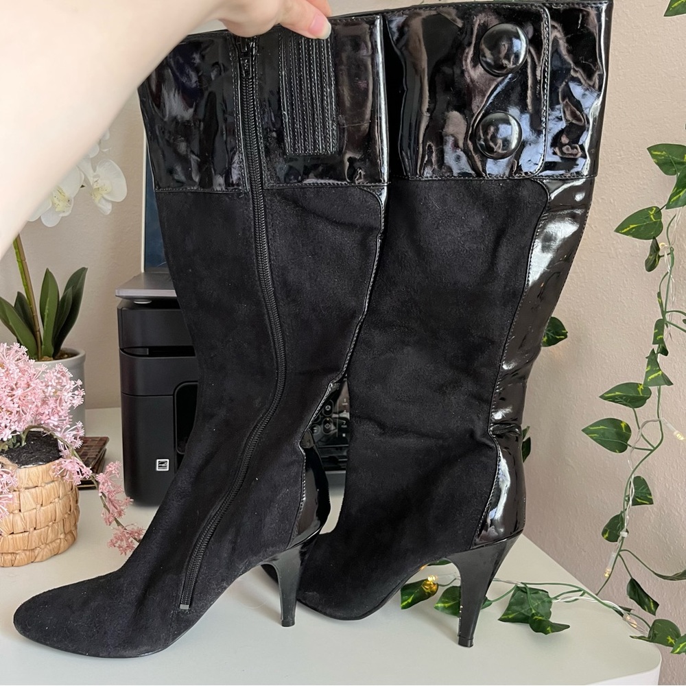 Black Suede Faux Leather Tall Button Boot Heels Now!! Size 7.5